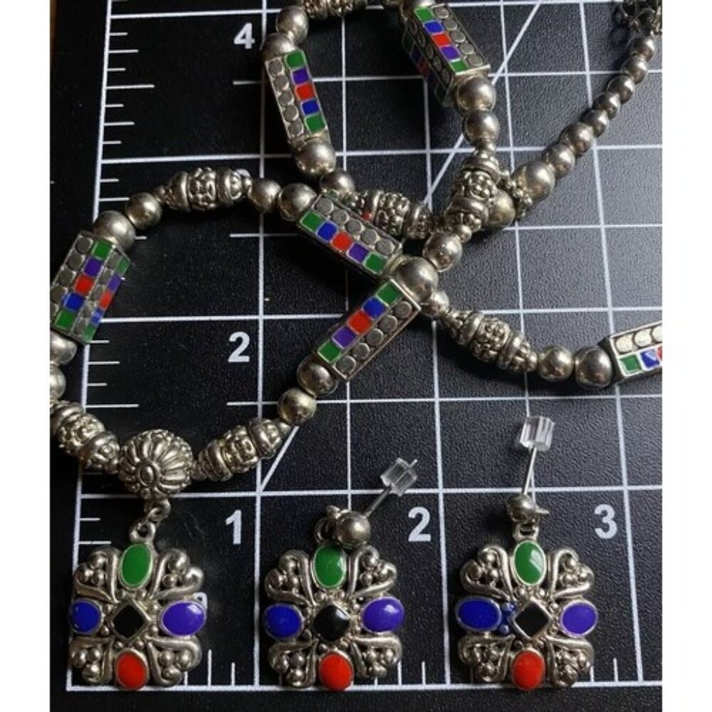 Boho Silver Tone Multi Color Cabochon Necklace Dangle Earring Set Tribal Style - Picture 10 of 10